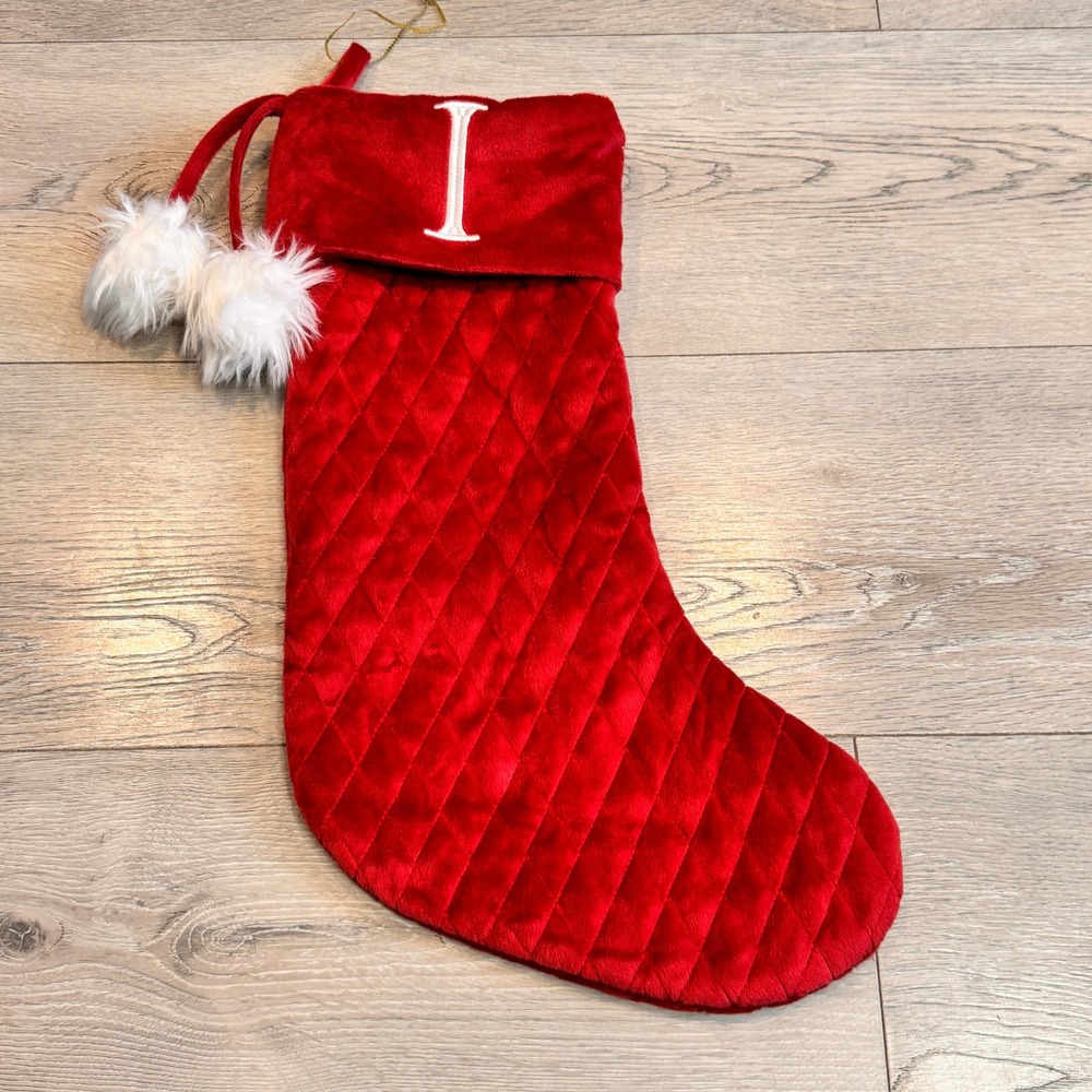 North Pole Trading Co‎ Red Quilted Velour Christmas Stocking Monogram Letter I